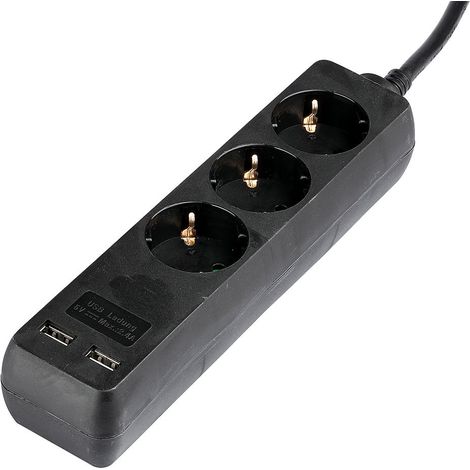 V-TAC Multiprise 3 prises Schuko 16A + 2 ports USB Coloris Noir Câble 1,5m - 8776 (1/5)