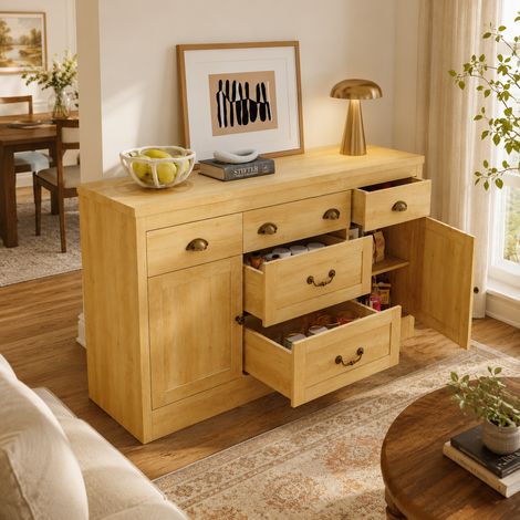 Buffet 135×40×80cm,2 portes et 5 tiroirs,meuble de rangement,étagère réglable,armoires de cuisine,grande capacité,style antique,pieds en métal,pour salle à manger,cuisine et salon,Bois,Naturelle