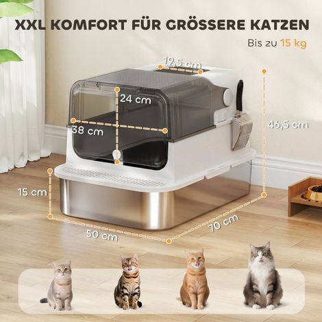 Bac à litière inoxydable XXL 72L avec couvercle, idéal pour grands félins et multi-chats, double entrée, racloir, pédale et système anti-débordement. (1/5)