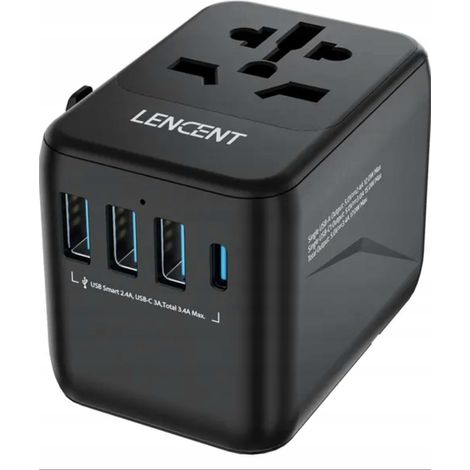 Adaptateur de voyage noir LENCENT, chargeur 4 ports USB dont 1 port USB-C (1/5)