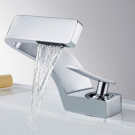 Robinet de salle de bain, robinet cascade, robinet de lavabo à poignée unique en laiton massif avec deux tuyaux standard de 3/8 po (argent) (1/5)