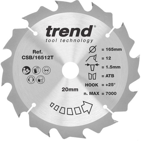 Lame de scie circulaire bois 165 mm, 20 mm alésage, 12 dents TCT +25° (1/5)