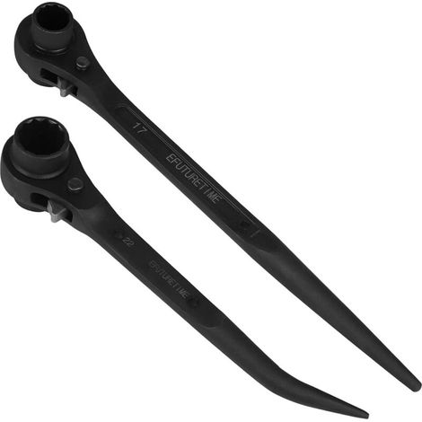 2x Clé d'Échafaudage à Cliquet Réversible, 17/19mm Poignée droite + 19/22mm Poignée Courbe, Clé à cliquet pour Échafaudage en CR-V, Noir (1/5)