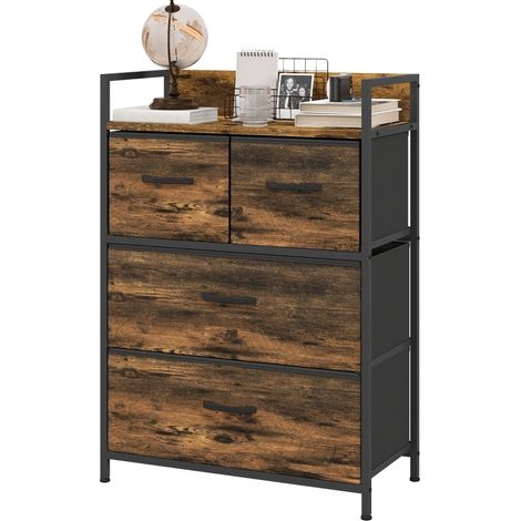 CHICFURN cómoda aparador 60x29x85 cm marrón negro, 4 cajones de tela, estilo industrial (1/5)
