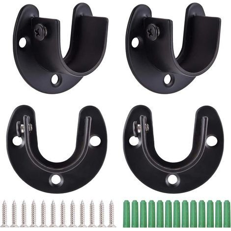 4Pcs Tringle à Rideaux en Forme de U, Support de Tringle à Penderie à Rideaux, Douilles de Poteau de Penderie en Acier Inoxydable, Support de Bride, Extrémité de Tige de Penderie avec Vis, Noir (1/5)