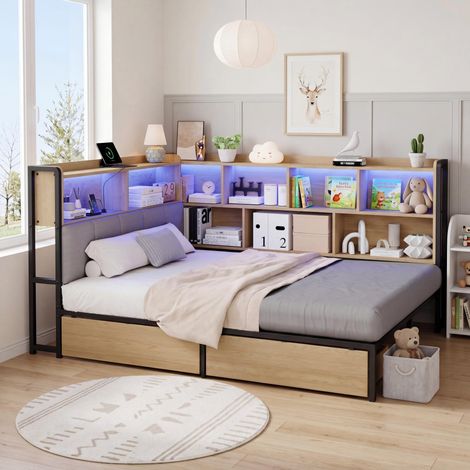 Canapé-lit convertible 140x200 cm  avec éclairage LED, station de charge USB et Typeec Lit capitonné  avec 2 tiroirs  Métal Naturel