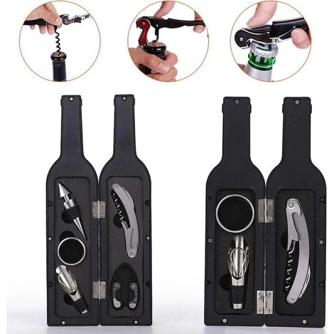 Coffret 5 en 1 tire-bouchon/ouvre-bouteille pour bouteilles de vin et capsules métalliques contient : tire-bouchon, coupe-capsule, bouchon, bec verseur et bague anti-goutte coffret en forme de boute (1/5)
