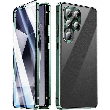 Étui de protection pour Samsung Galaxy S25 Ultra, verre trempé double face, métal, magnétique, avec boucle (vert) (1/5)
