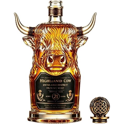 Carafe à whisky en verre sculpté 3D en forme de tête de vache des Highlands avec bouchon en étain (1/5)