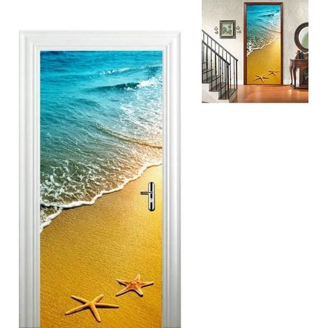 PORTE PHOTO 3d Stickers Porte Mer et sable 3d Sticker Porte En Bois Auto-AdhéSif Mural De La Maison Stickers Muraux Chambre Affiche (1/5)