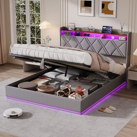 Bett 160x200 cm, Bett mit Stauraum 160x200 cm mit Lattenrost, Doppelbettgestell 160x200 cm, Bettkasten, LED-Beleuchtung, 2 Personen, Grau (1/5)