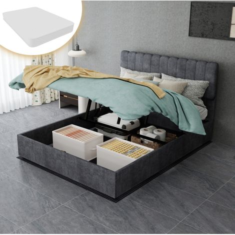 Letto imbottito moderno in tessuto grigio 140x200 cm con testiera alta, struttura in metallo e materasso incluso