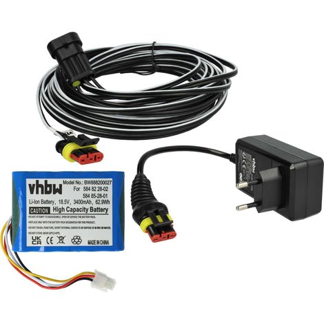 vhbw 1x Alimentation, 1x Batterie 3400 mAh, 1x Câble basse tension 10 m remplacement pour Husqvarna 584 85 28-01, 584 85 28-02 pour tondeuse à gazon