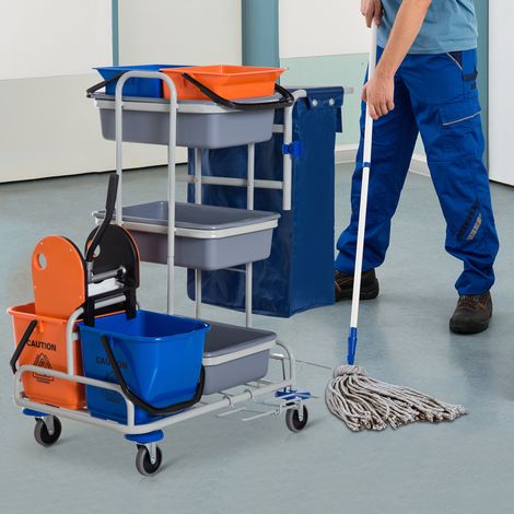 Carro de limpieza profesional multiusos con 4 cubos, ruedas y bolsa de lona, 118 x 73 x 103 cm.
