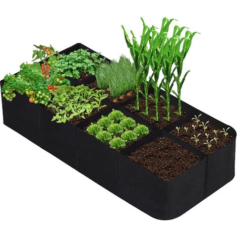 Bolsas para plantas, bolsa de siembra no tejida, jardinera para balcón, jardineras de exterior con 8 compartimentos, gran volumen, huerto exterior, contenedores y accesorios para plantas, 486 l (1/4)