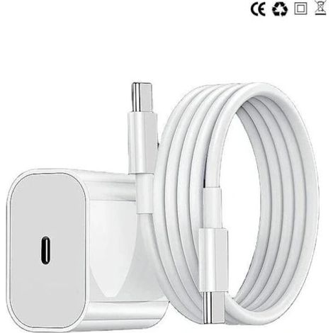 Chargeur rapide pour iPhone, adaptateur secteur USB-C 20 W + câble de 2 m, blanc, 1 chargeur et 1 câble de charge long pour iPhone. (1/4)