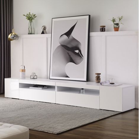 meuble tv rangement LED 240 cm MDF blanc symetrique OKMYHOME (1/5)