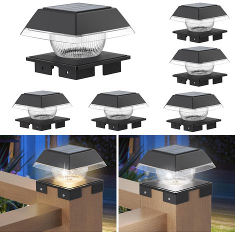 6 Lampes de Poteau Solaires IP65 Lampe Solaire pour Poteau de Clôture pour 3.5x3.5 à 5.5x5.5 Pouces Poteaux Jardin Cour Décoration,Lumière Chaude + Froide (1/5)