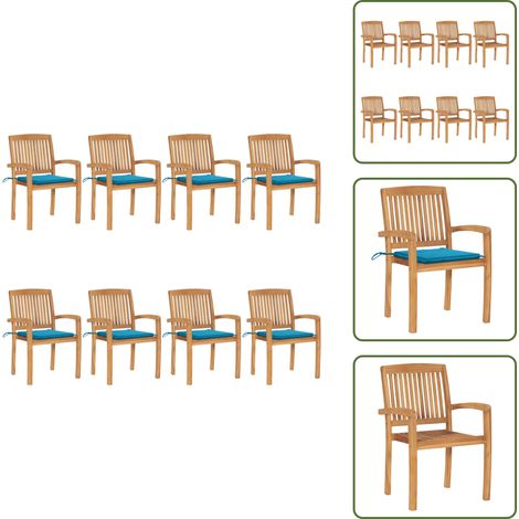The Living Store Chaises de jardin empilables avec coussins lot de 8 Teck solide - Chaise de salle à manger (1/5)