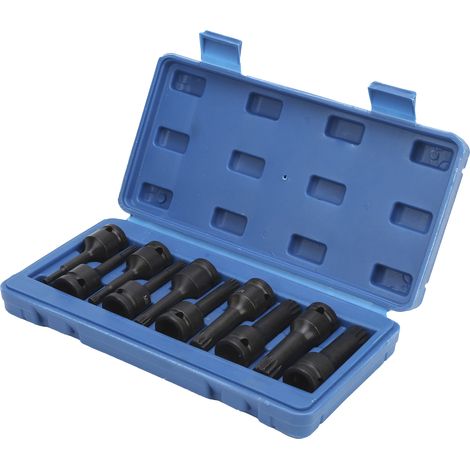 Coffret de 10 douilles carrées 1/2" (12,7 mm) avec embouts de tournevis à impact CRMO M5 et M18, longueur 78 mm, et boîte de rangement. (1/5)