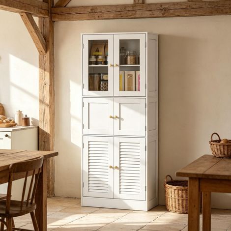 Badezimmerschrank 60/30/170 cm Weiß mit 6 Türen, verstellbaren Einlegeböden und Glasfronten (1/5)