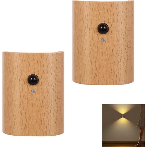 Apliques de pared para interiores con sensores de movimiento incorporados, apliques de pared de madera para interiores, recargables por USB, luces para armarios, luz blanca cálida, inalámbricos. (1/5)