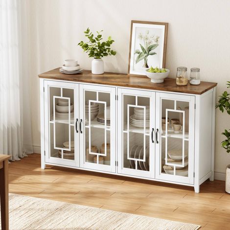 Aparador de cocina de 160x40x86 cm con puertas de cristal, amplio espacio de almacenamiento, encimera con efecto madera, MDF blanco (1/5)