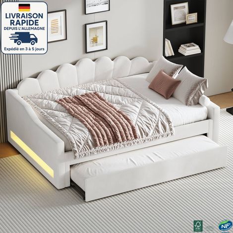 MODFU - Divano letto LED per adulti 140x200cm con letto estraibile 90x190cm, letto matrimoniale, rete a doghe imbottita, senza materasso, beige