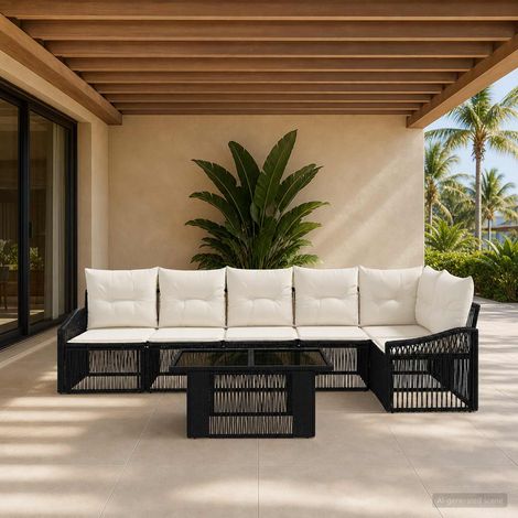vidaXL Set Divano da Giardino 7 pz Nero e Bianco Crema polyrattan (1/5)