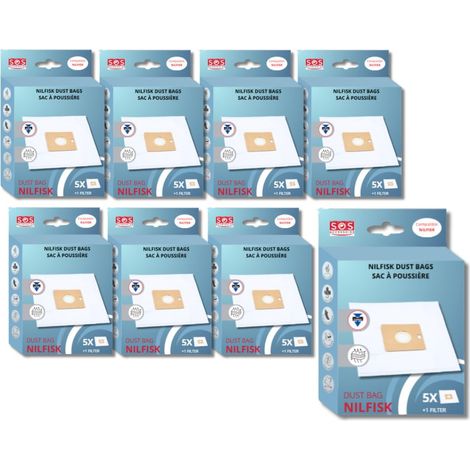 Ersatzteil - SOS Accessoire Lot de 8 boîtes de 5 sacs avec 1 pre filtre COUPE/COMPACT/GO/FORCE pour Aspirateur NILFISK 78602600, 22422400 - - NILFISK, FAKIR