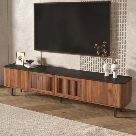 Mobile TV 190x35x45 cm con ante effetto scarabocchio e ampio vano contenitore, design industriale moderno, MDF e metallo, marrone scuro (1/5)