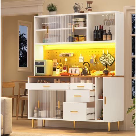 Credenza alta 145 x 39 x 171 cm con LED, ante scorrevoli in vetro, bianco DESVIAE (1/5)