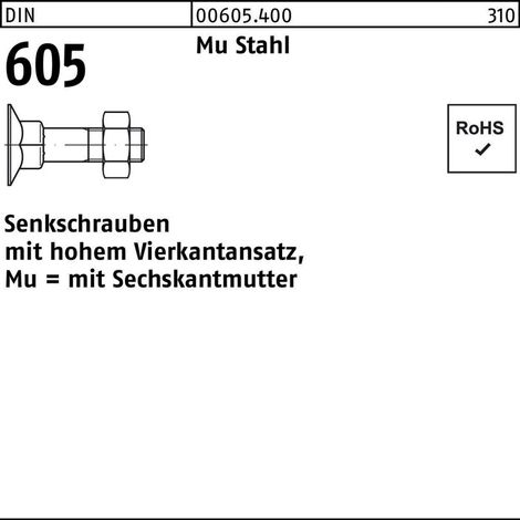 DIN 605 Senkkopfschraube M8x40 Stahl 4.6 blank m. Nase u. Mutter 100 Stk (1/2)