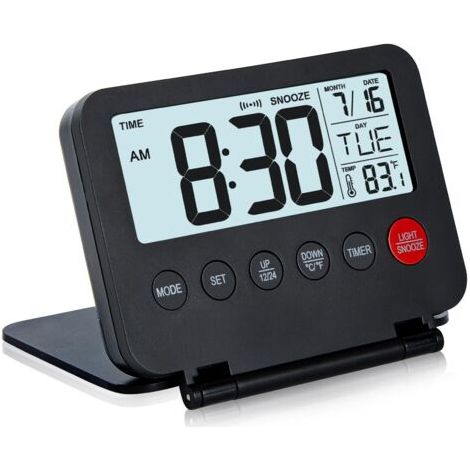 Petit réveil de voyage numérique, grand écran LCD, bouton frontal avec affichage de la date et de la température, fonction snooze et rétroéclairage de 8 secondes, fonctionne avec des piles AAA (1/5)