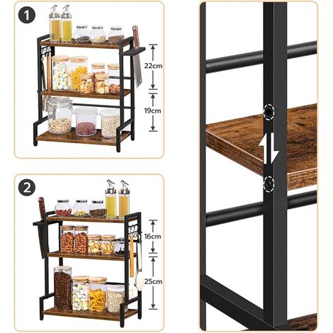 HOOBRO Spice Rack Spice Rack with 3 Hooks 3 Tier Kitchen Organizer Spice Rack Adjustable Legs for Dining Room Kitchen Rustic Brown Black EBF01TL01