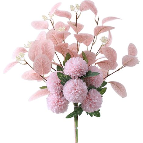 Bouquet De Mariée En Boule De Chrysanthème Rose Clair Avec Eucalyptus, Faux Fleurs Artificielles Multi-Couleurs Pour Cérémonie -KZQ (1/3)