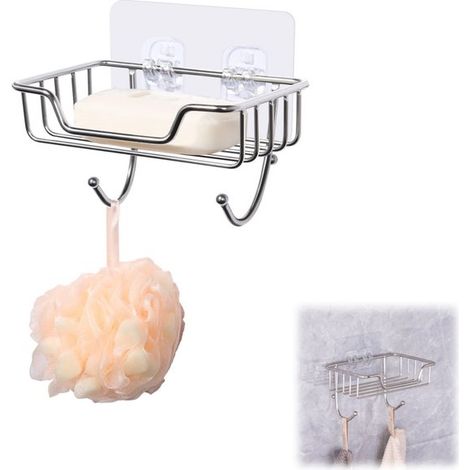 Jabonera sin taladrar (2 unidades), Acero inoxidable, Autoadhesiva, Con ganchos, jabonera o estante de baño, Cesta para jabón, baños y cocinas (1/5)