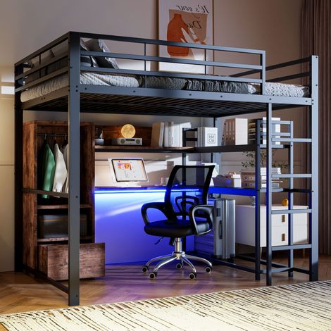 Hochbett 140x200 cm Schwarz aus MDF und Metall mit Schreibtisch, LED, Schublade und Stauraum (1/5)