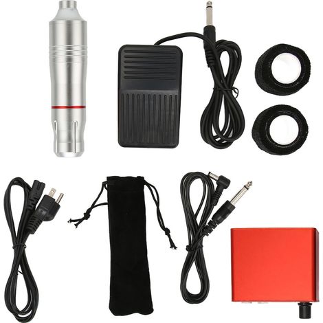 Kit de machine à tatouer rotative avec bloc d'alimentation et pédale - Outils complets argent 100-230V prise US (1/5)