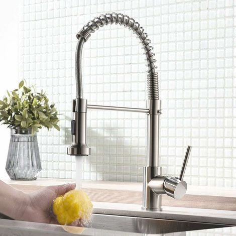 Kitchen Faucet with Spring Spray in Brushed Stainless Steel 360° Swivel Kitchen Faucet in Brushed Nickel Stainless Steel (1/4)