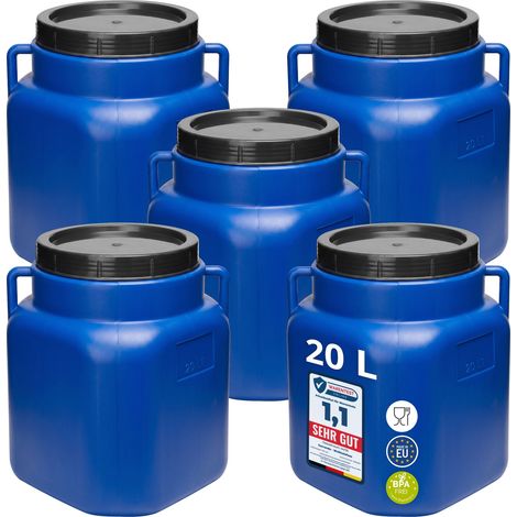 Garronda Lot de 5 fûts alimentaires carrés 20 L en HDPE sans BPA, à large ouverture avec couvercle, pour eau, aliments, choucroute et fermentation, bleu GD-0134