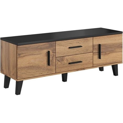 Mueble TV Larfloi 103, Roble wotan + Negro, Número de puertas: 2, Número de cajones: 2, 140x53x40cm
