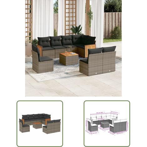 The Living Store Salon de jardin 9 pcs avec coussins gris résine tressée - Ensemble Salon De Jardin - Meubles De Jardin - Salon Extérieur - Mobilier De Jardin Design - Set Salon Jardin (1/3)