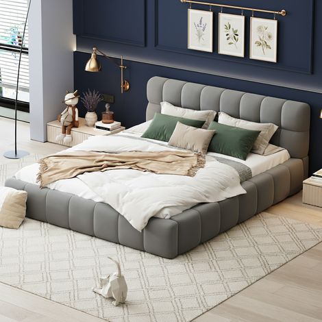 Cama doble 140x190 cm - Cabecero capitoné - Somier de lamas - Bordes acolchados - Tapizado en lino - Estilo clásico - Gris (1/5)
