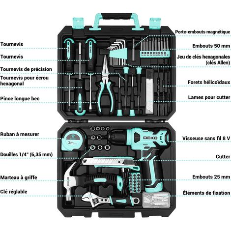 Caisse à Outils Complète avec Tournevis Électrique Perceuse avec Batterie de 8 V, Mallette de 126 Pièces, Boîte D'outils Ménagers de Bricolage pour Bureaux et Jardin, Cyan (1/5)