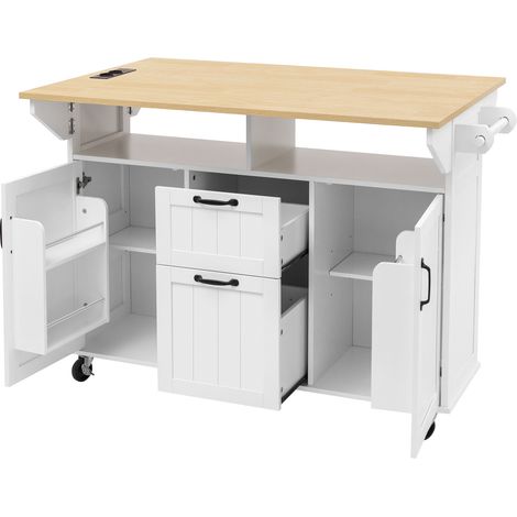 Isola cucina su ruote con piano estraibile, cassetti e prese, bianco e legno (1/5)