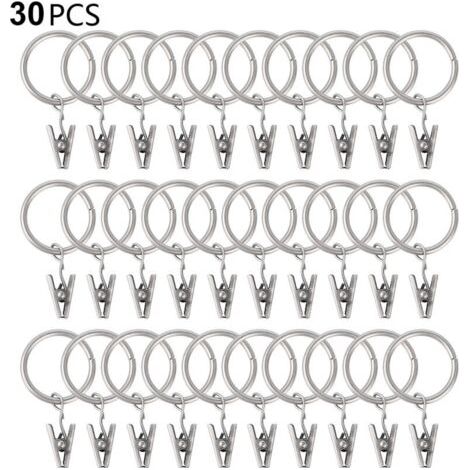 30 anneaux de rideau PCS avec pinces, pinces draperie solides, crochets sur support de tige de tension, diamtre intrieur oeillets en mtal rideaux dcoratifs cintres de fentre, argent (1/5)