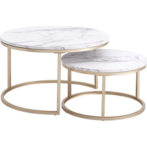 Set di 2 tavolini da caffè rotondi in MDF effetto marmo bianco con struttura in acciaio (1/5)