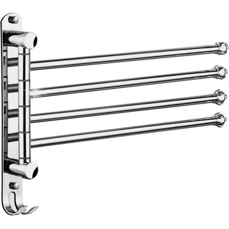Drehbarer Handtuchhalter aus Edelstahl, 4 Arme mit Wandbefestigung und Haken (silber).