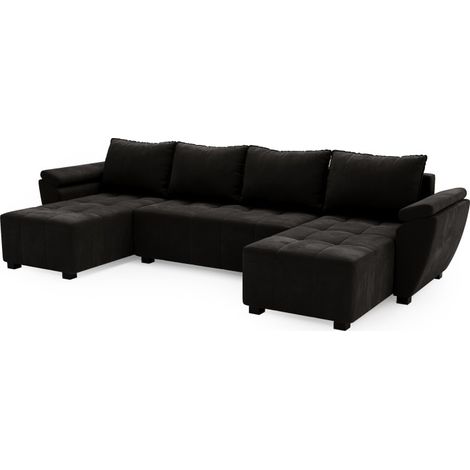 Canapé d’angle panoramique convertible ZENIA en tissu – 5 places - 330 cm - Noir (1/5)
